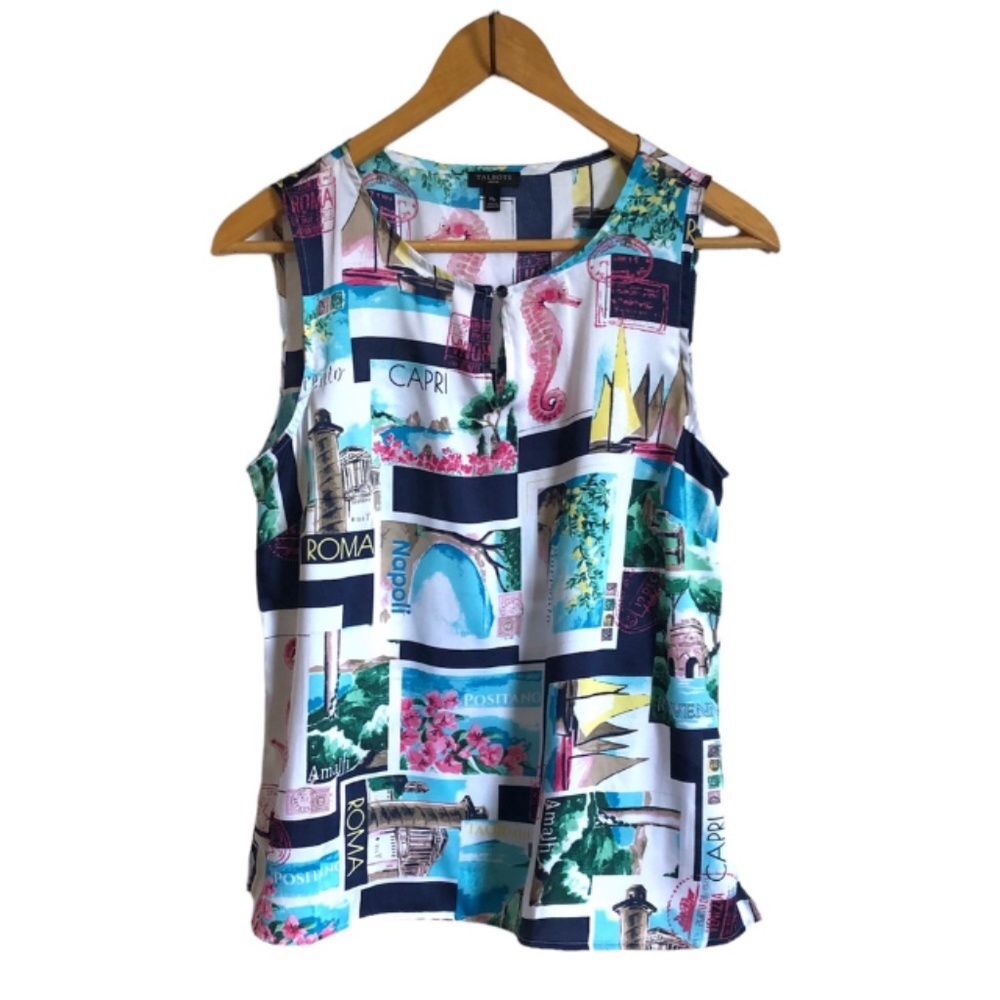 Talbots Silky Sleeveless Top Mp Fun Summer Print Seahorse Countries